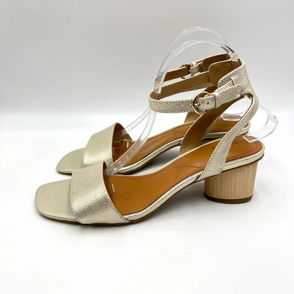 NYDJ Womens Size 9.5 Georgia Gold Wood Block‎ Heels Dress Sandals Shoes